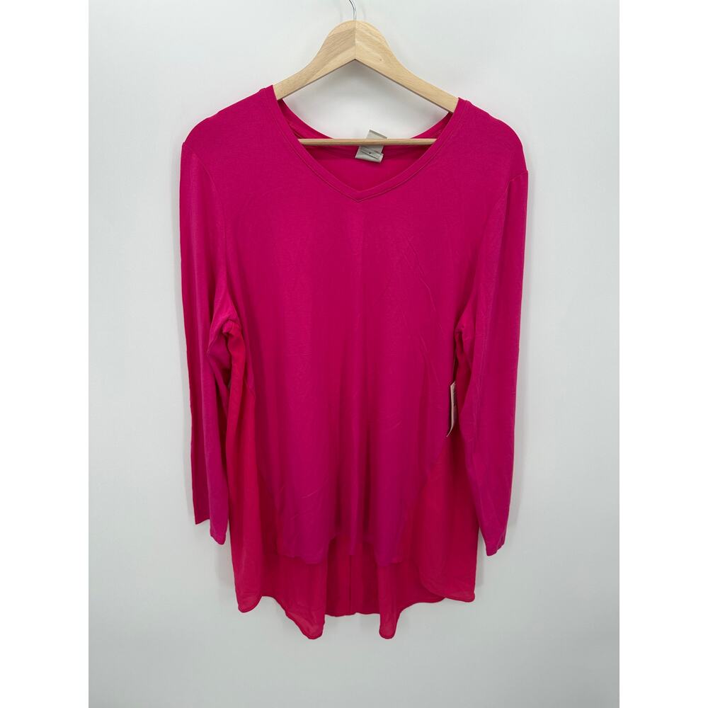 Chico's Knit Tunic Women 2 Summer Berry Barbie Pink Knit Woven Back Stretch‎ NWT